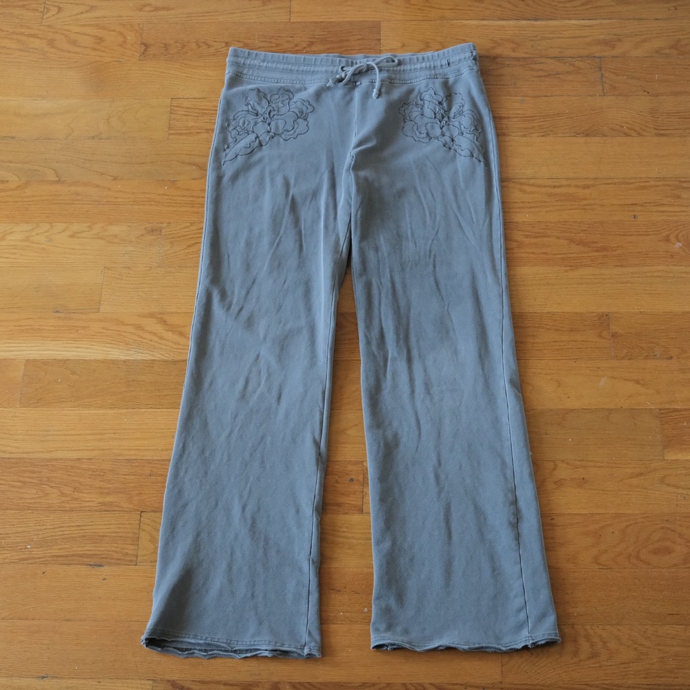 Vertigo Paris Sweatpants Women Grey Floral Embroidered Wide Leg Y2K Large Lounge